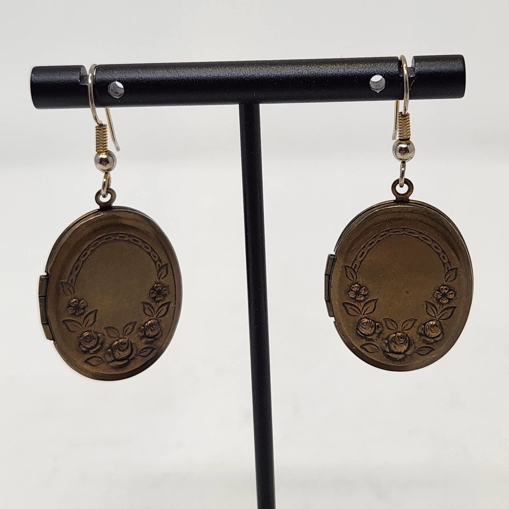 Floral Locket Oval Brass Tone Earrings Dangle Drop Hook Vintage Style Jewelry